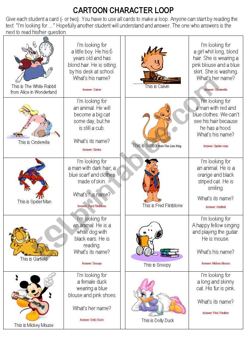 A CARTOON CHARACTER LOOP worksheet