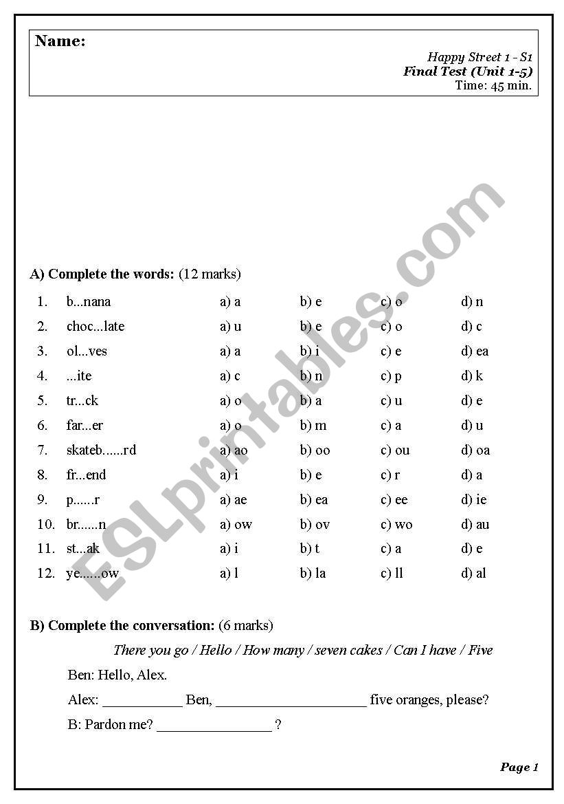 Happy street 1 (Final exam) (unit 1-5)