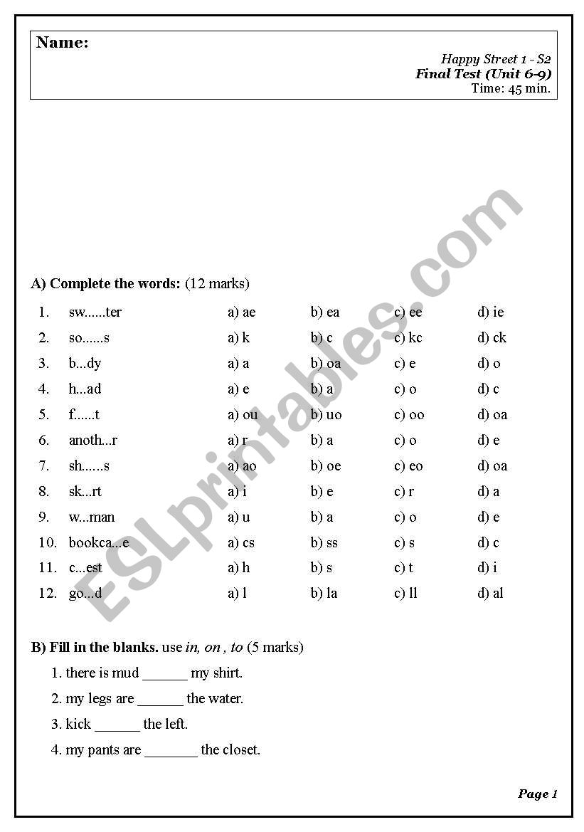 Happy street 1 (Final exam) (unit 6-9)