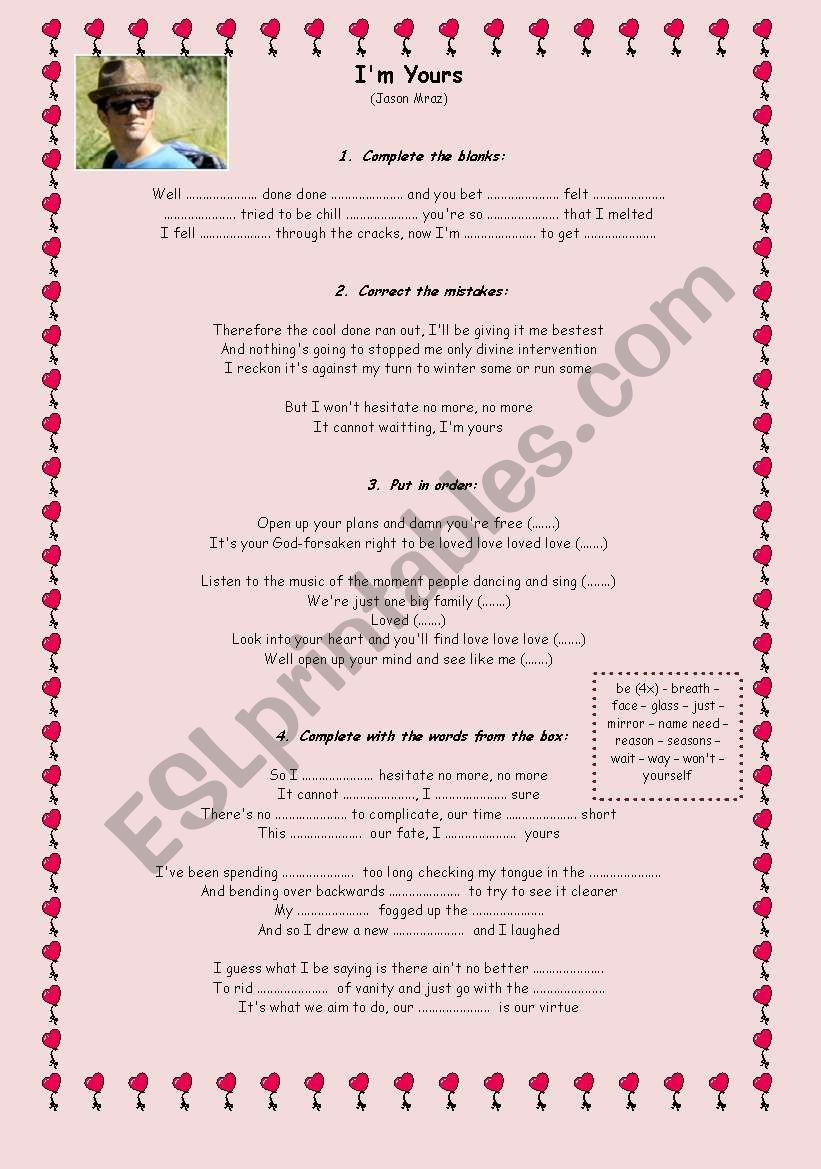 I´m yours - Jason Mraz - ESL worksheet by denipinheiro