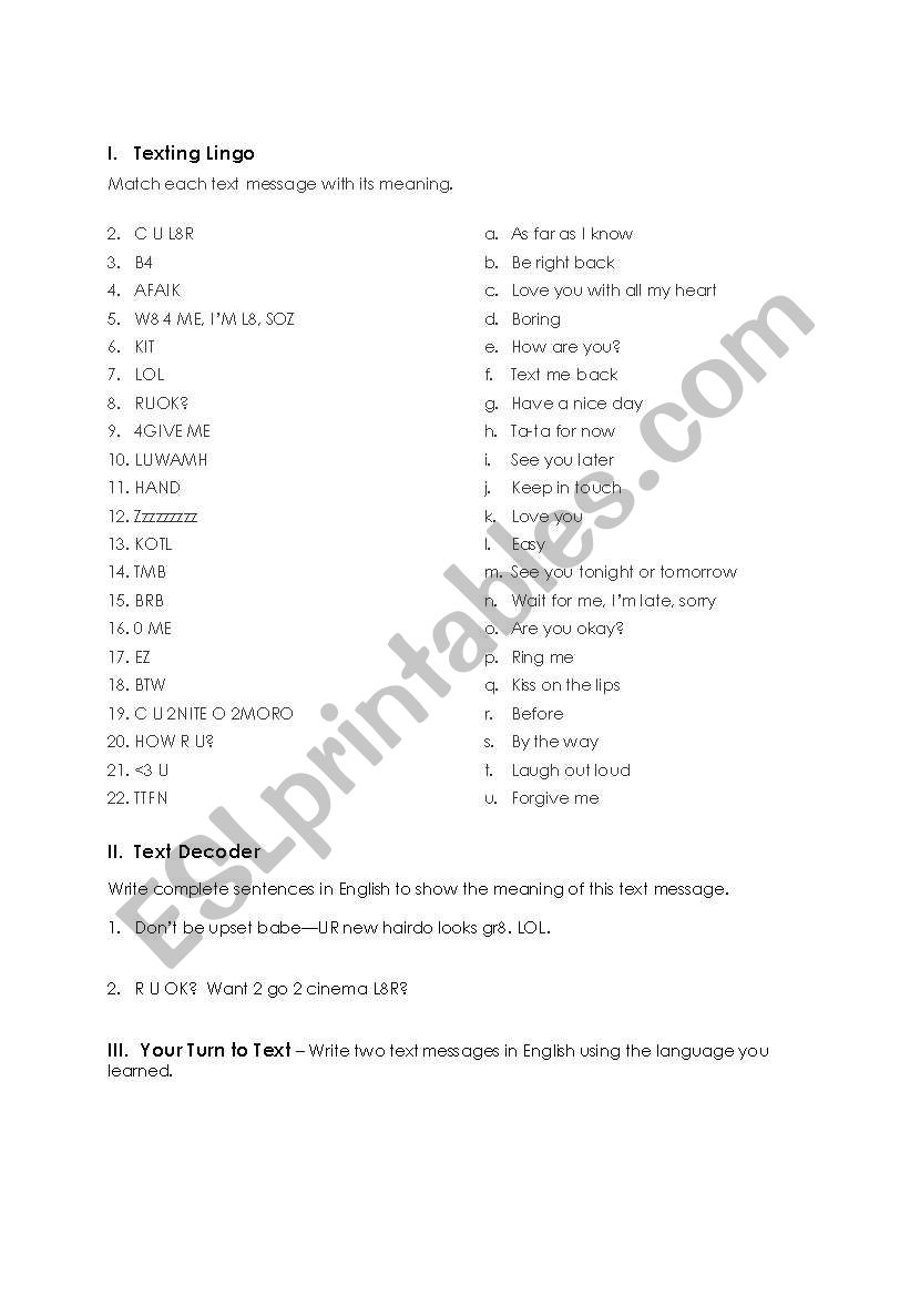 Texting Lingo worksheet