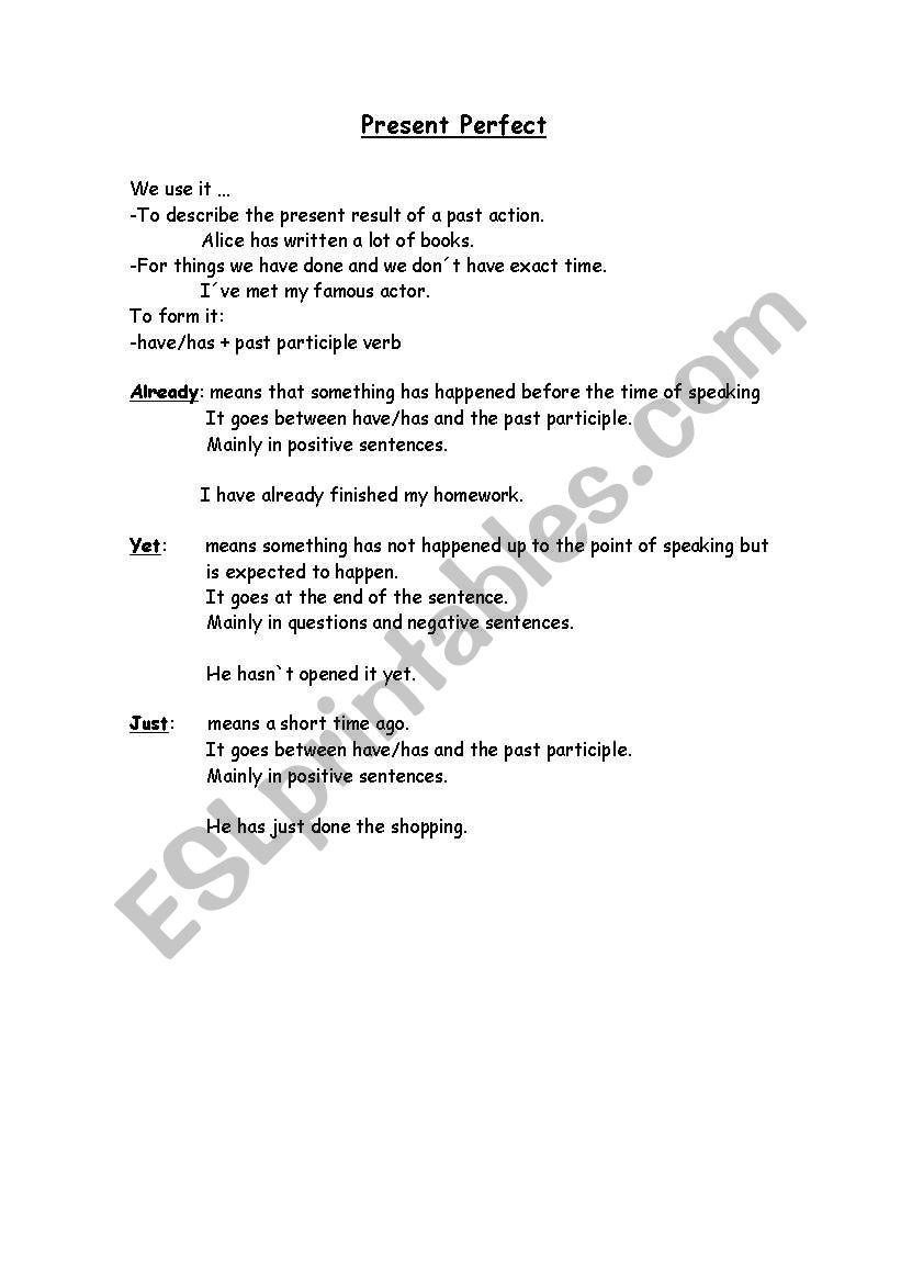 present perfect explanation worksheet