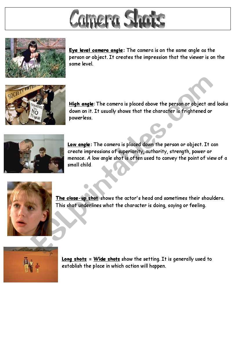 camera shots worksheet