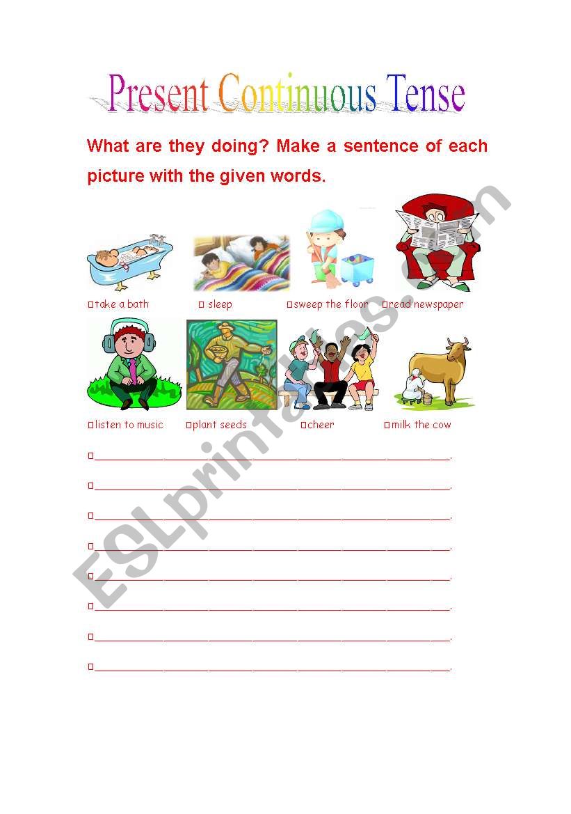 worksheet of present continuous tense