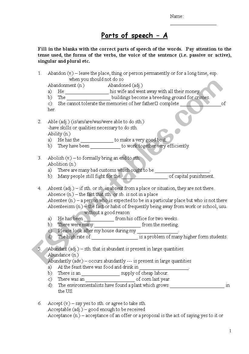 Parts of Speech worksheet