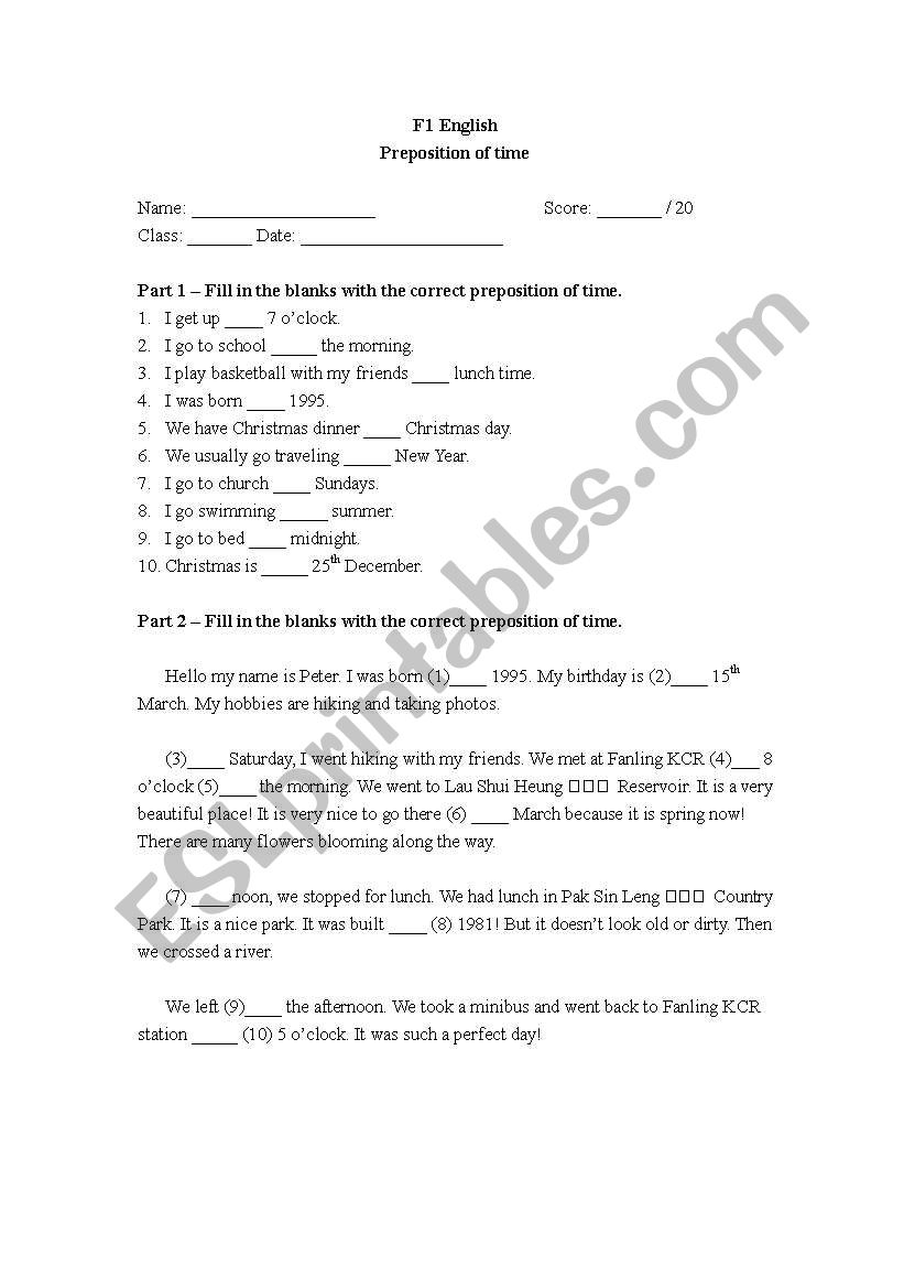 Prepositions of Time Quiz worksheet