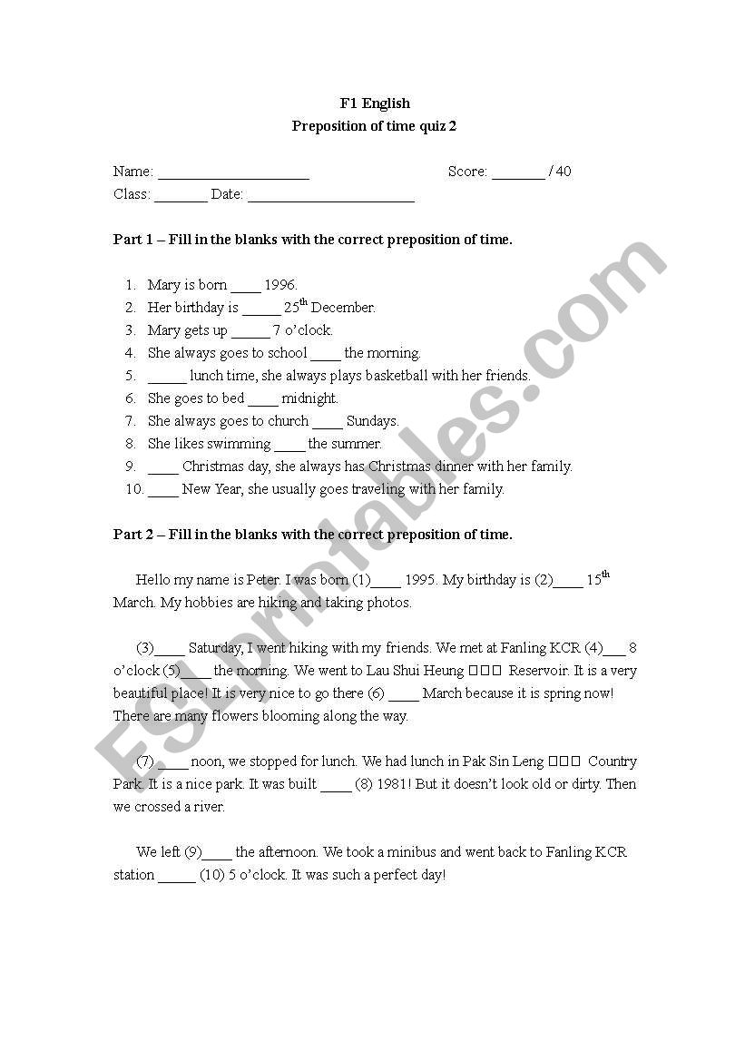 Prepositions of Time Quiz worksheet