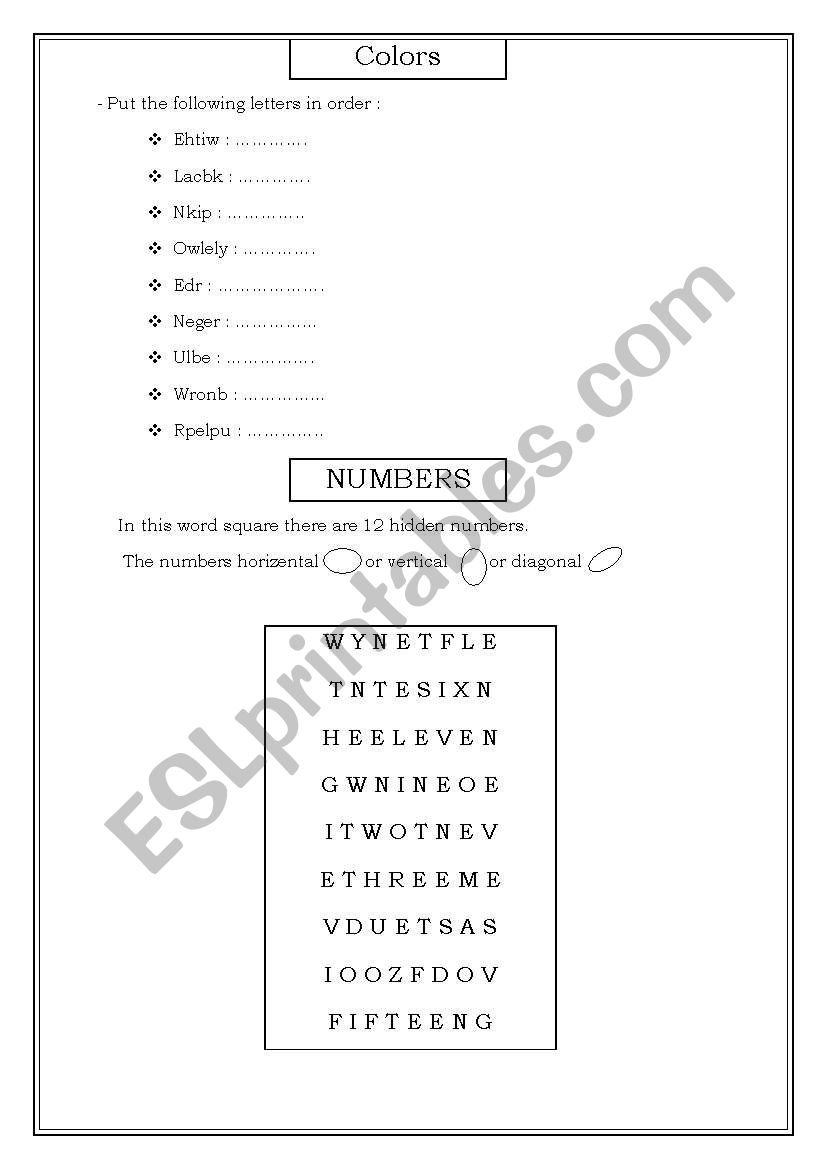 colors and numbers  level 1 worksheet