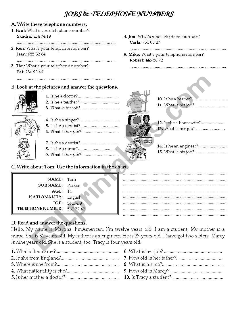 jobs and telephone numbers worksheet