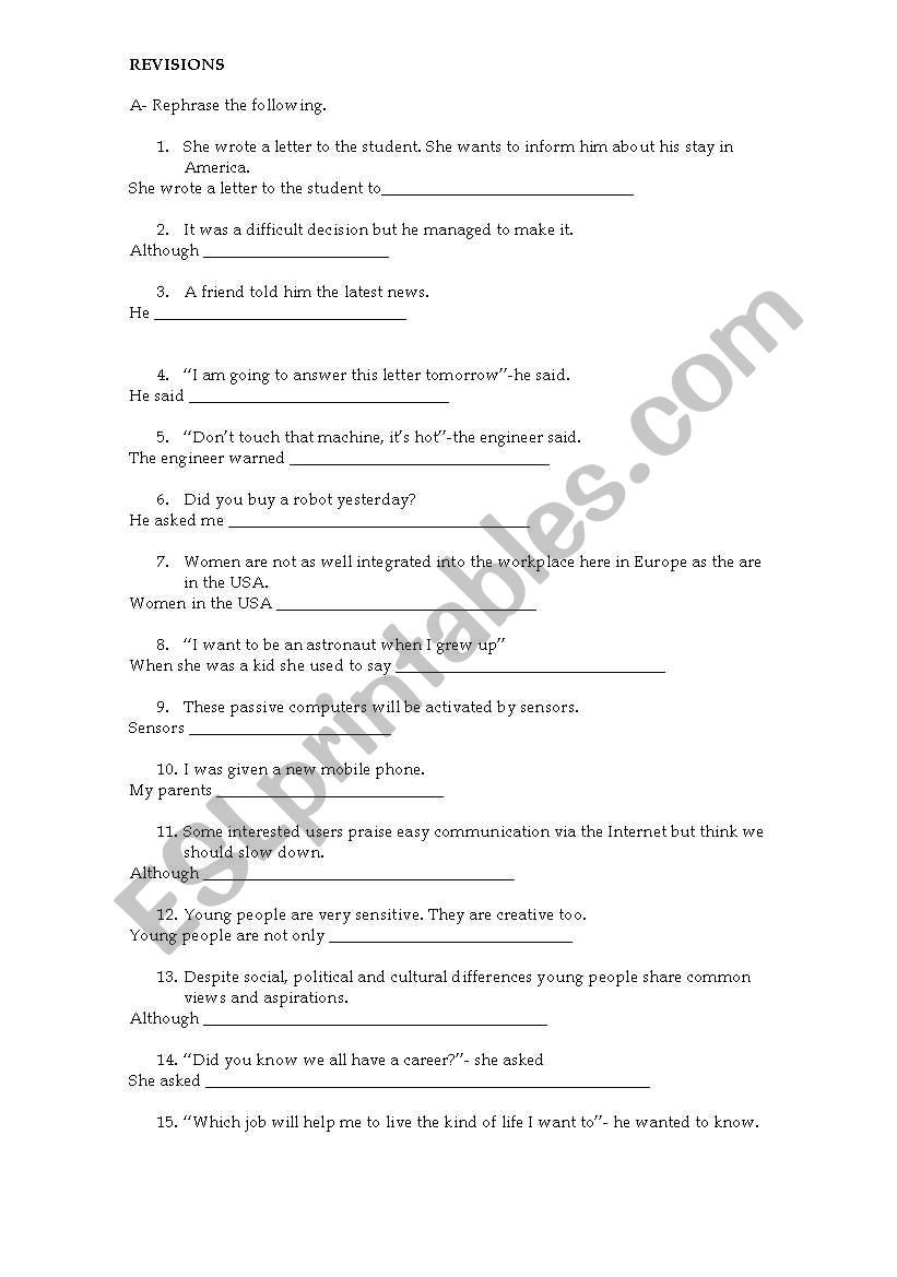 reprasing exercise worksheet