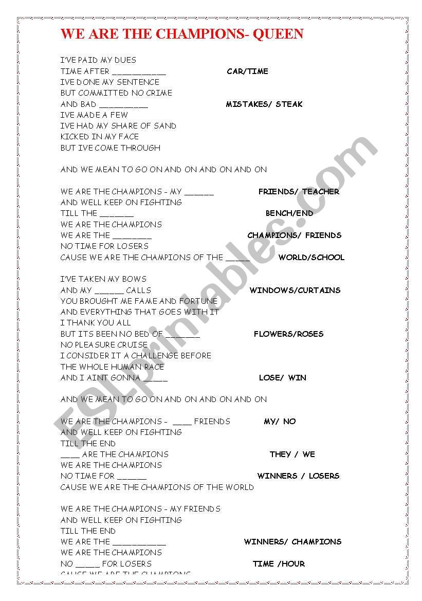 we are the champoins- song worksheet