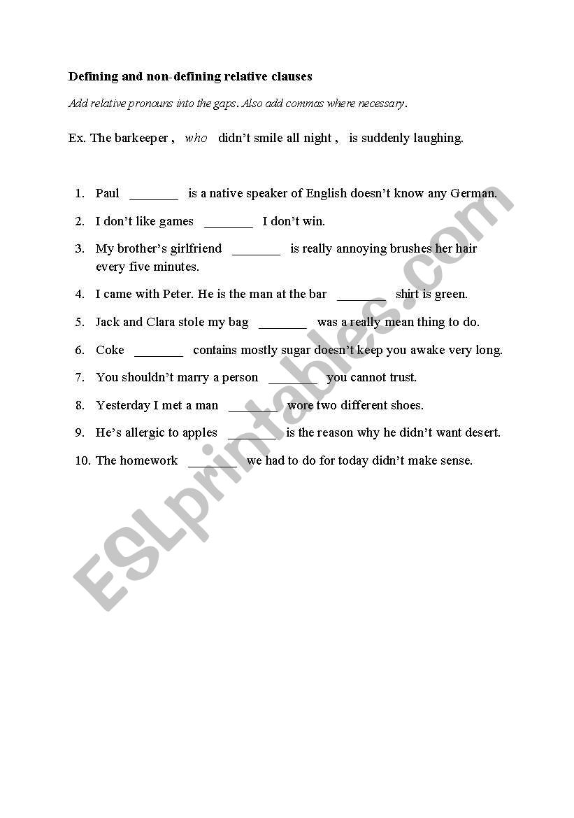Exercise on defining and non-defining relative clauses