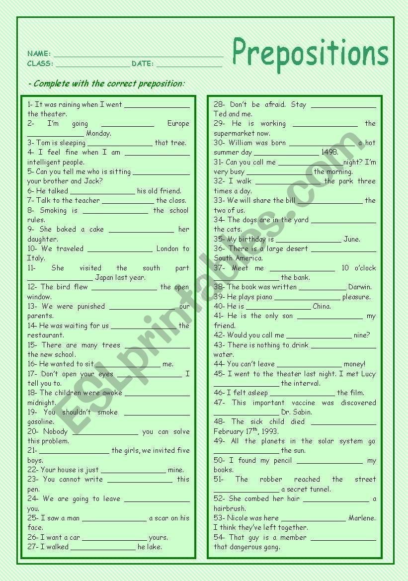 Prepositions worksheet