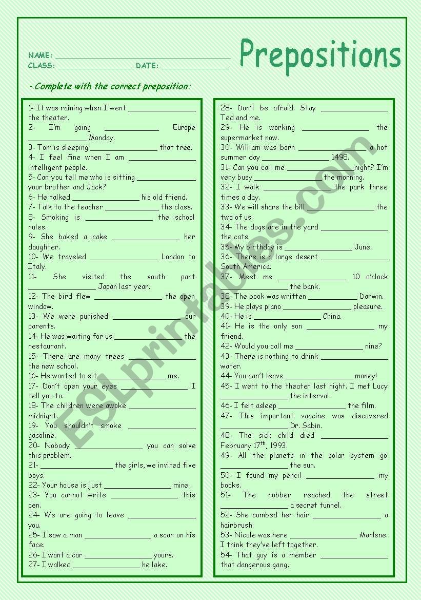 Prepositions worksheet