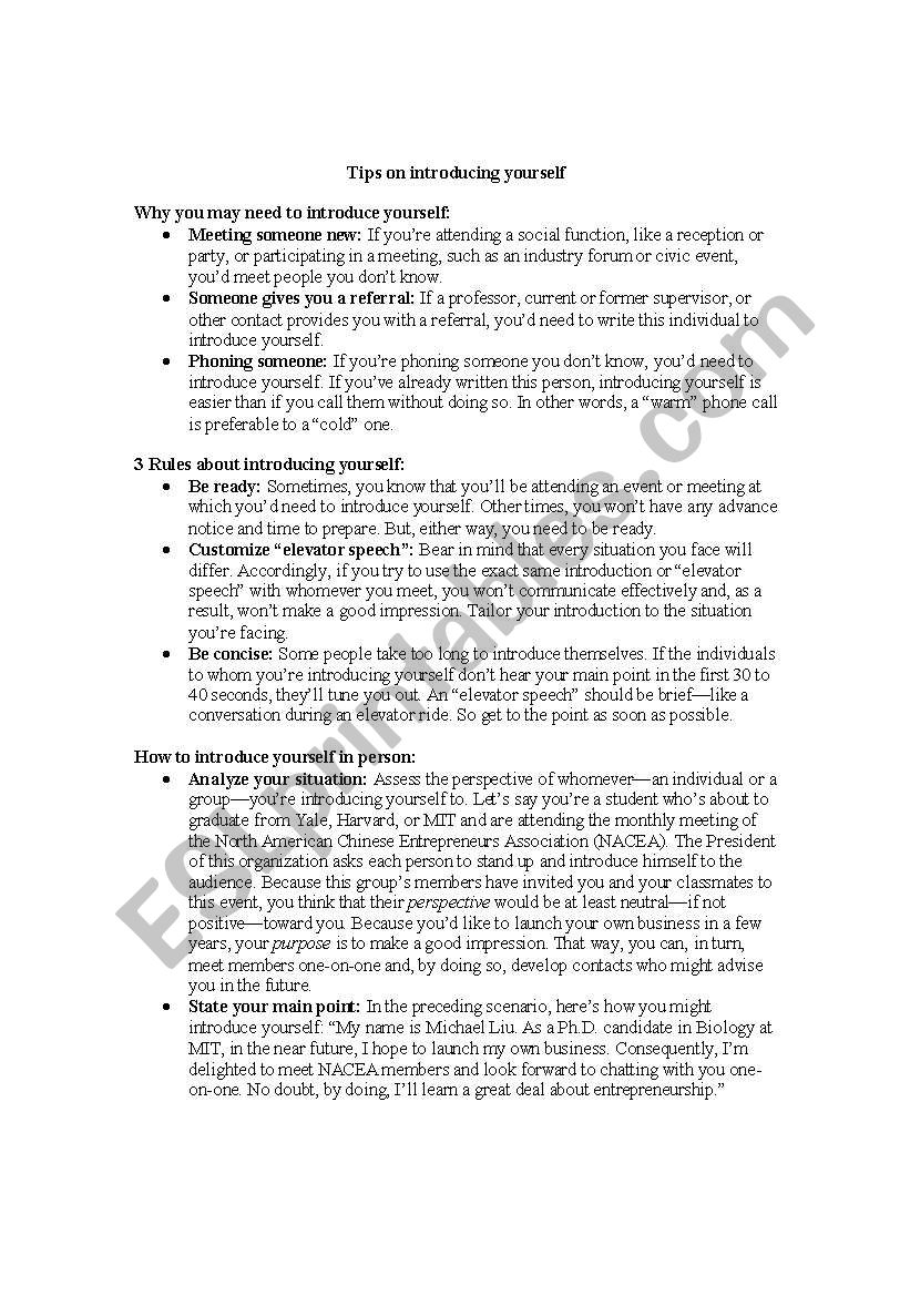 Tips on introducing yourself worksheet