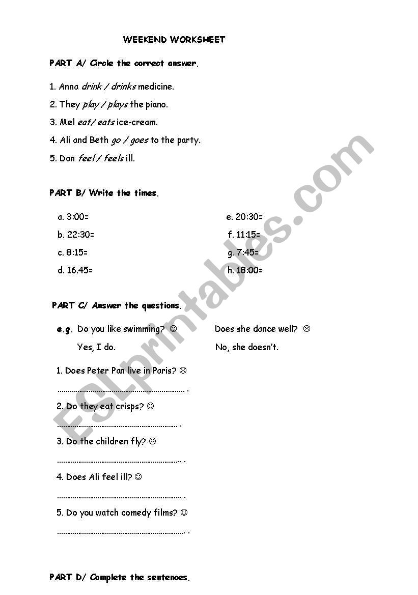 Worksheet  about simple present, time and health 