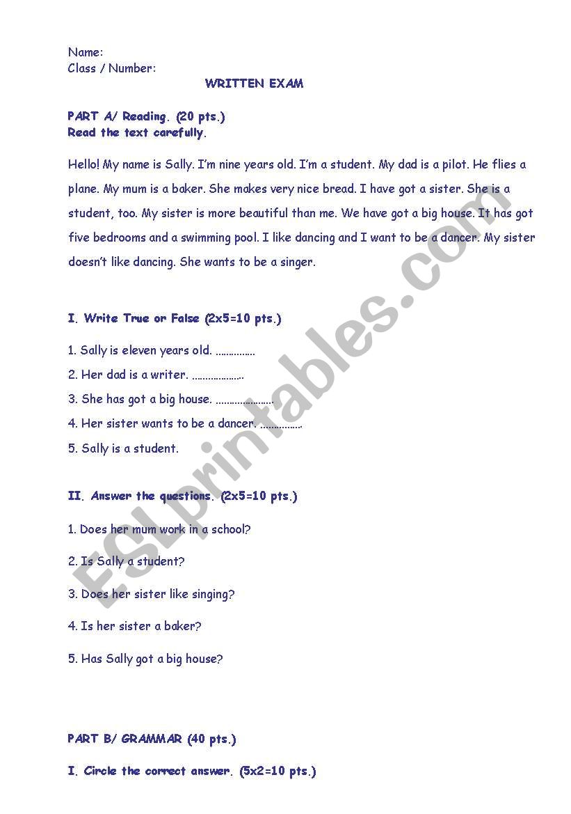 Written exam worksheet