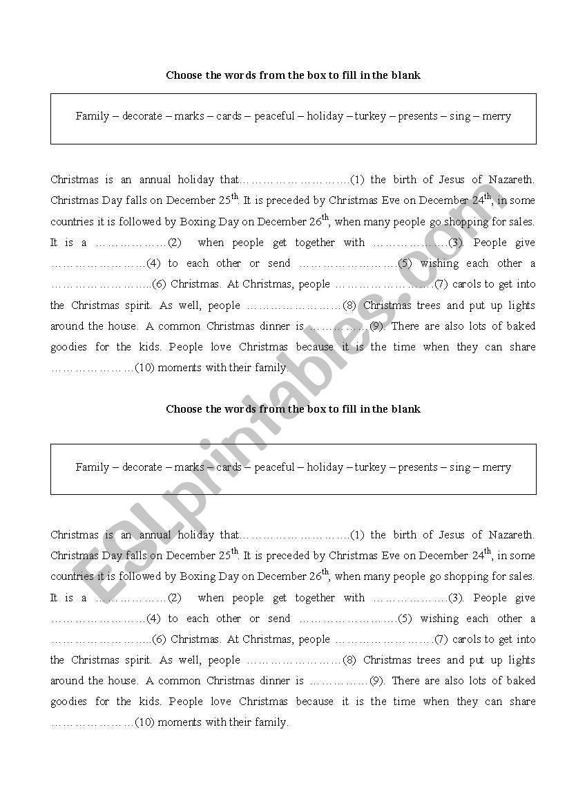 Gap-filling about Christmas worksheet