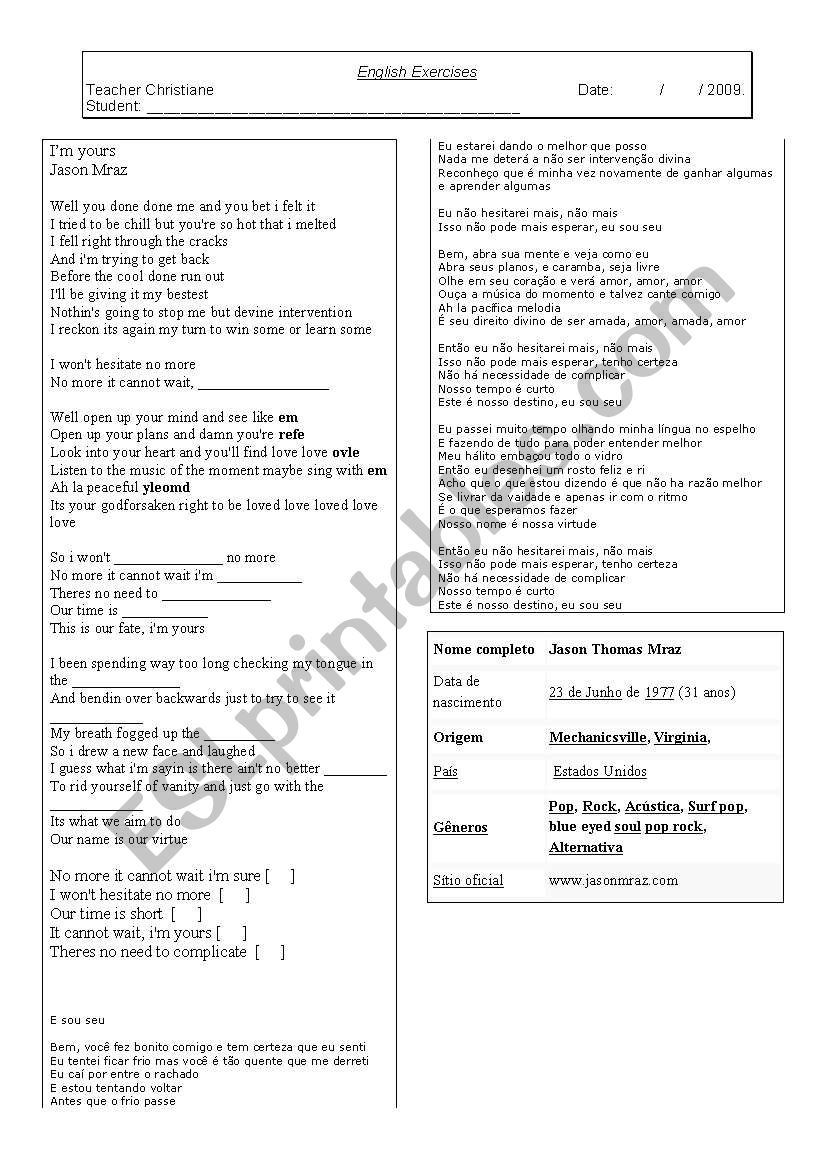 Im yours - music worksheet