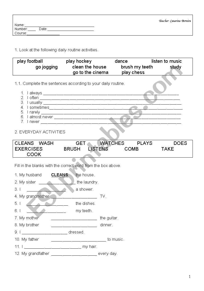 daily routine worksheet