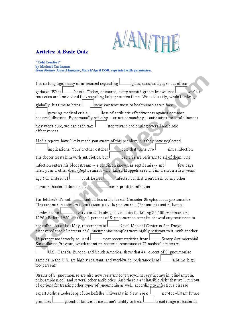 Articles  worksheet