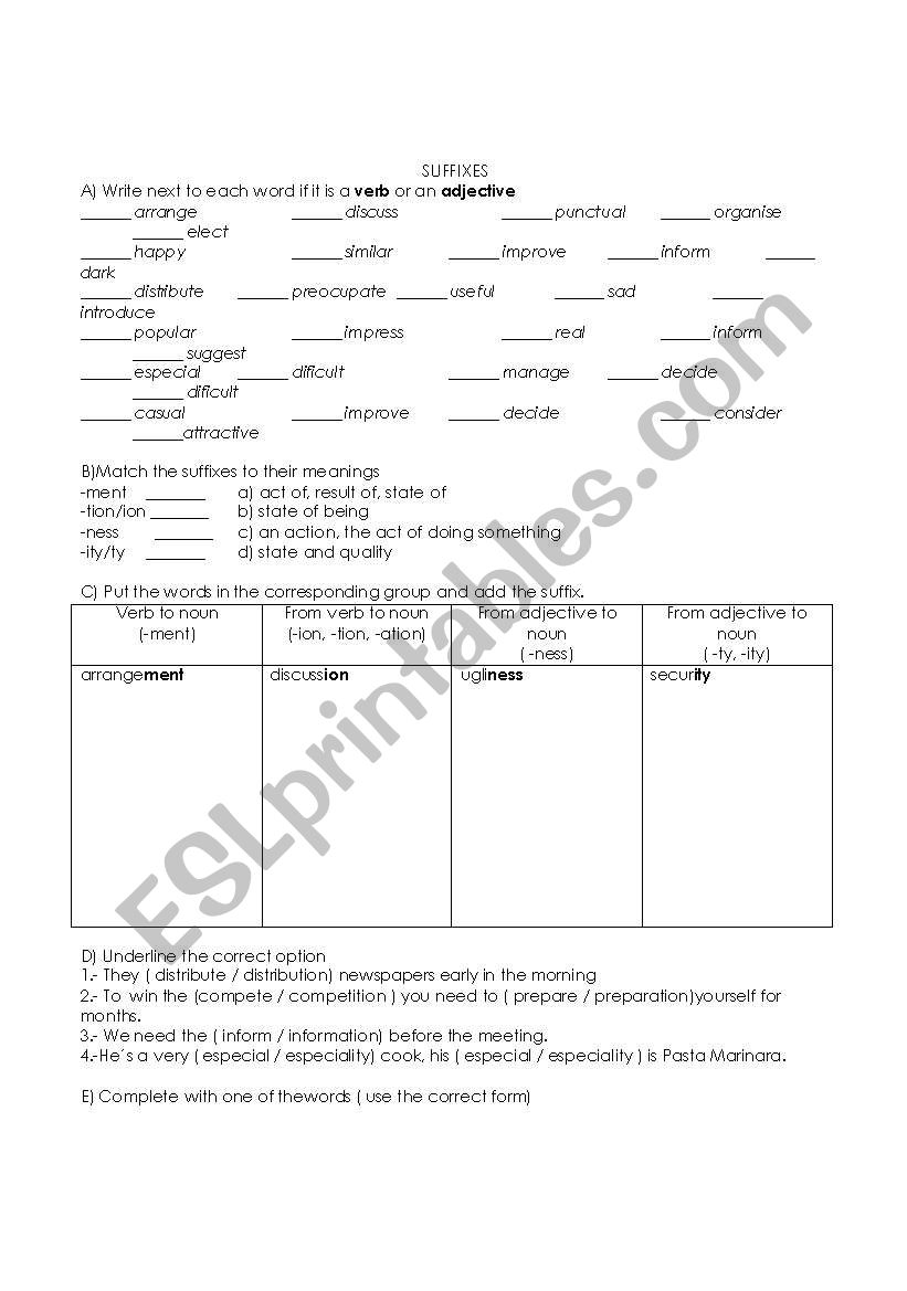 English Worksheets Noun Suffixes