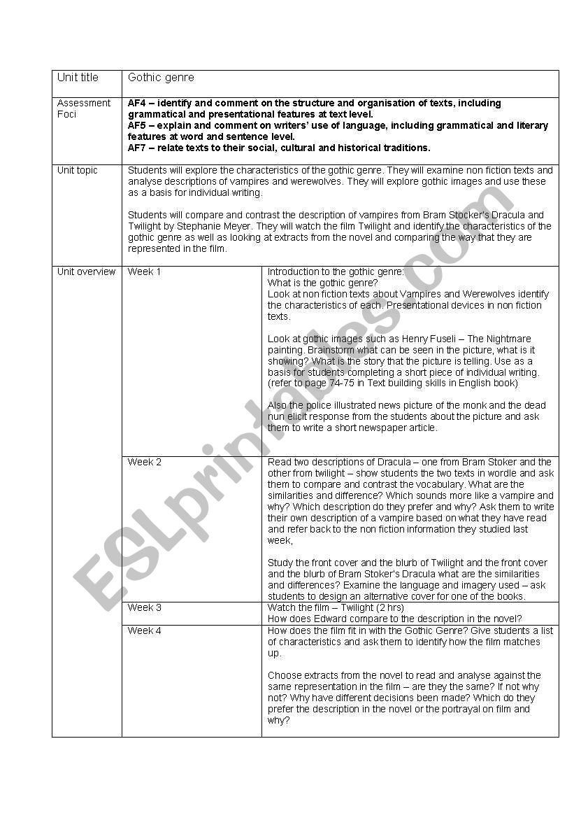 Gothic Genre scheme of work worksheet