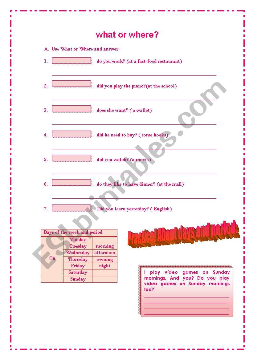 What or where? worksheet