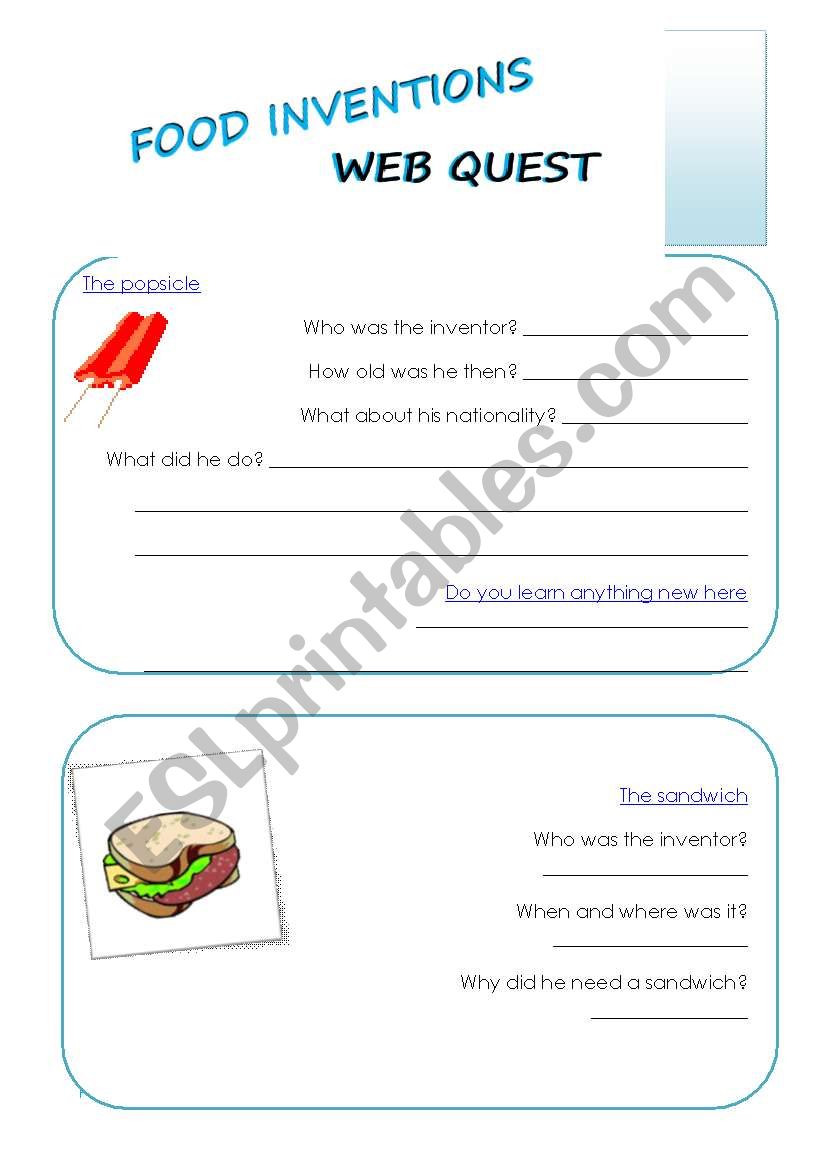 food inventions webquest worksheet