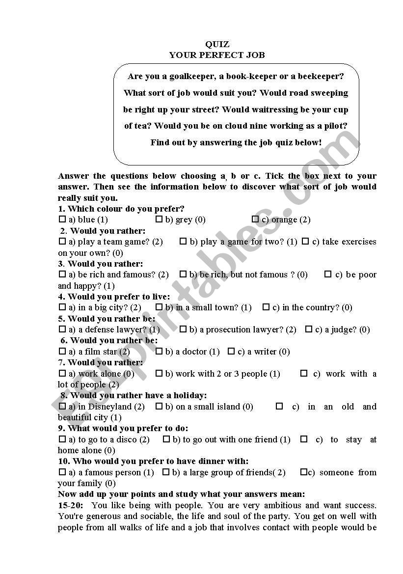 Your perfect job quizz worksheet
