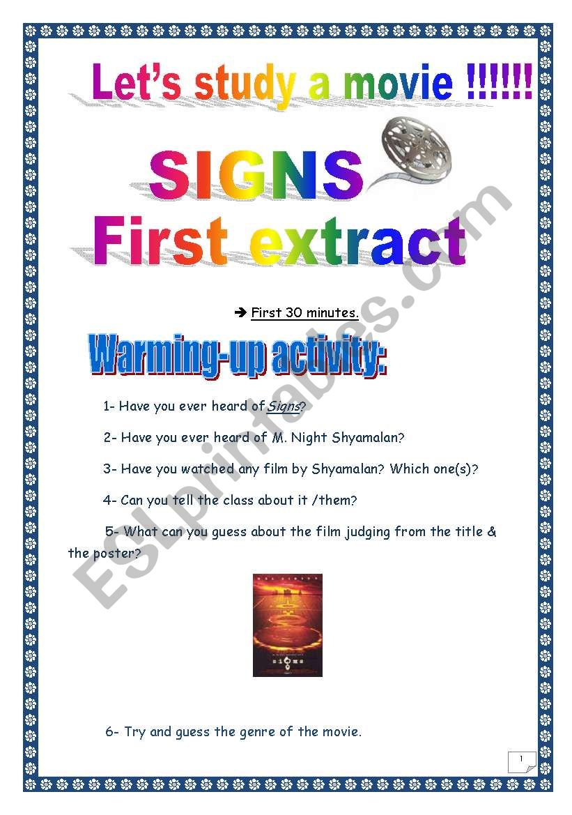 VIDEO TIME - SIGNS (M. Night Shyamalan) - Extract # 1 (COMPREHENSIVE PROJECT, 12 PAGES, 29 TASKS, COMPLETE ANSWER KEY), 