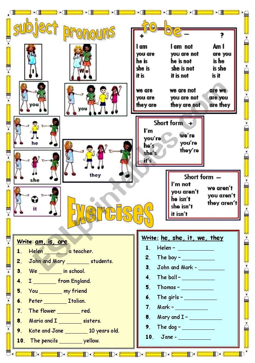 SUBJECT PRONOUNS - TO BE - ESL worksheet by mariamit