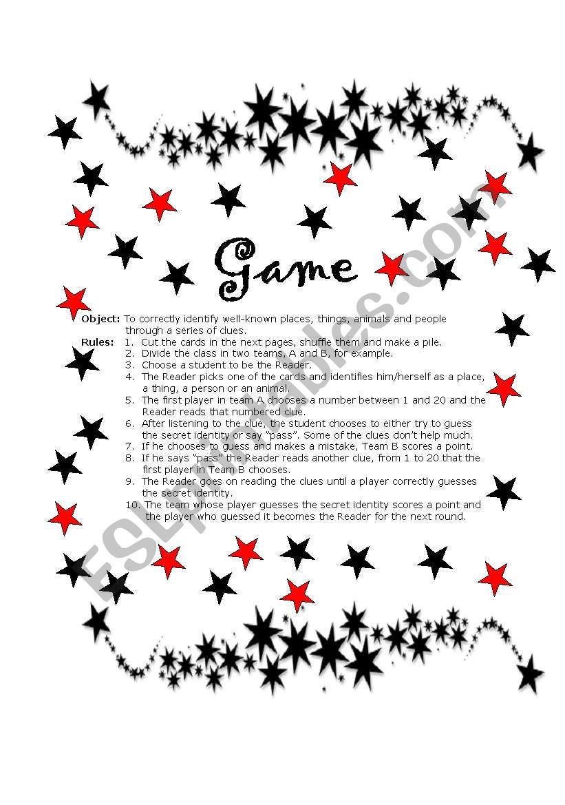 GAME; WHO AM I? worksheet