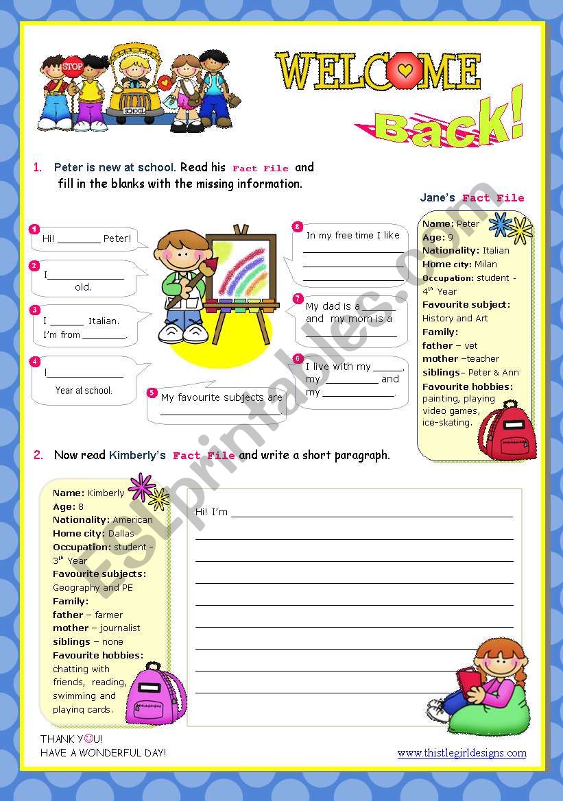 Back to school   -  Prewriting (completing sentences) + Writing (a short paragraph) + Speaking activity (presenting their work)