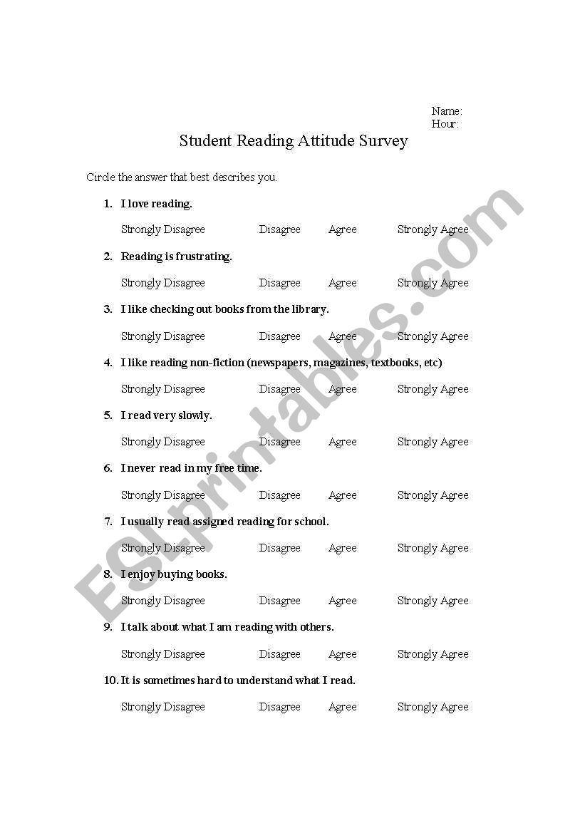 Reading Interest Survey worksheet