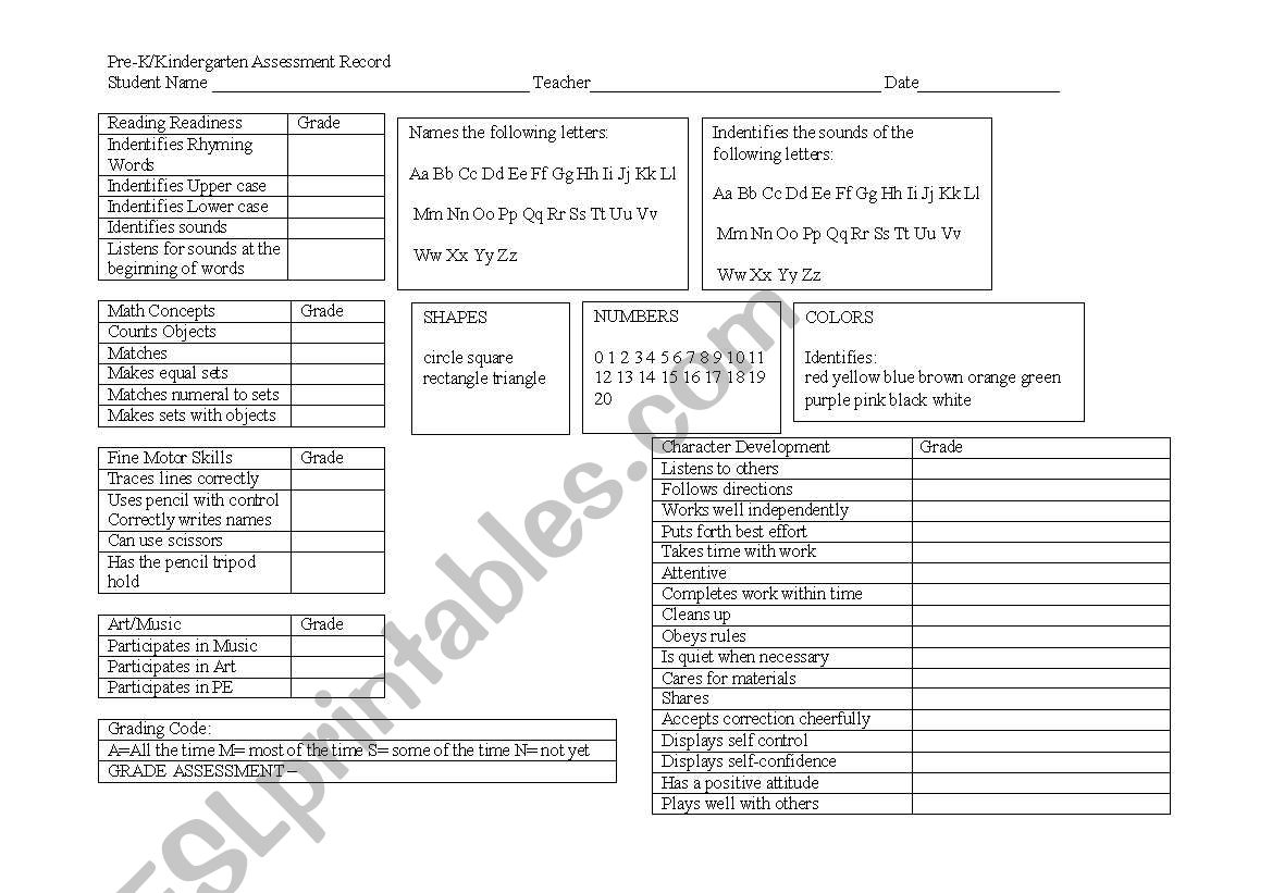 PreK-Kindergarten Assessment Chart/Report