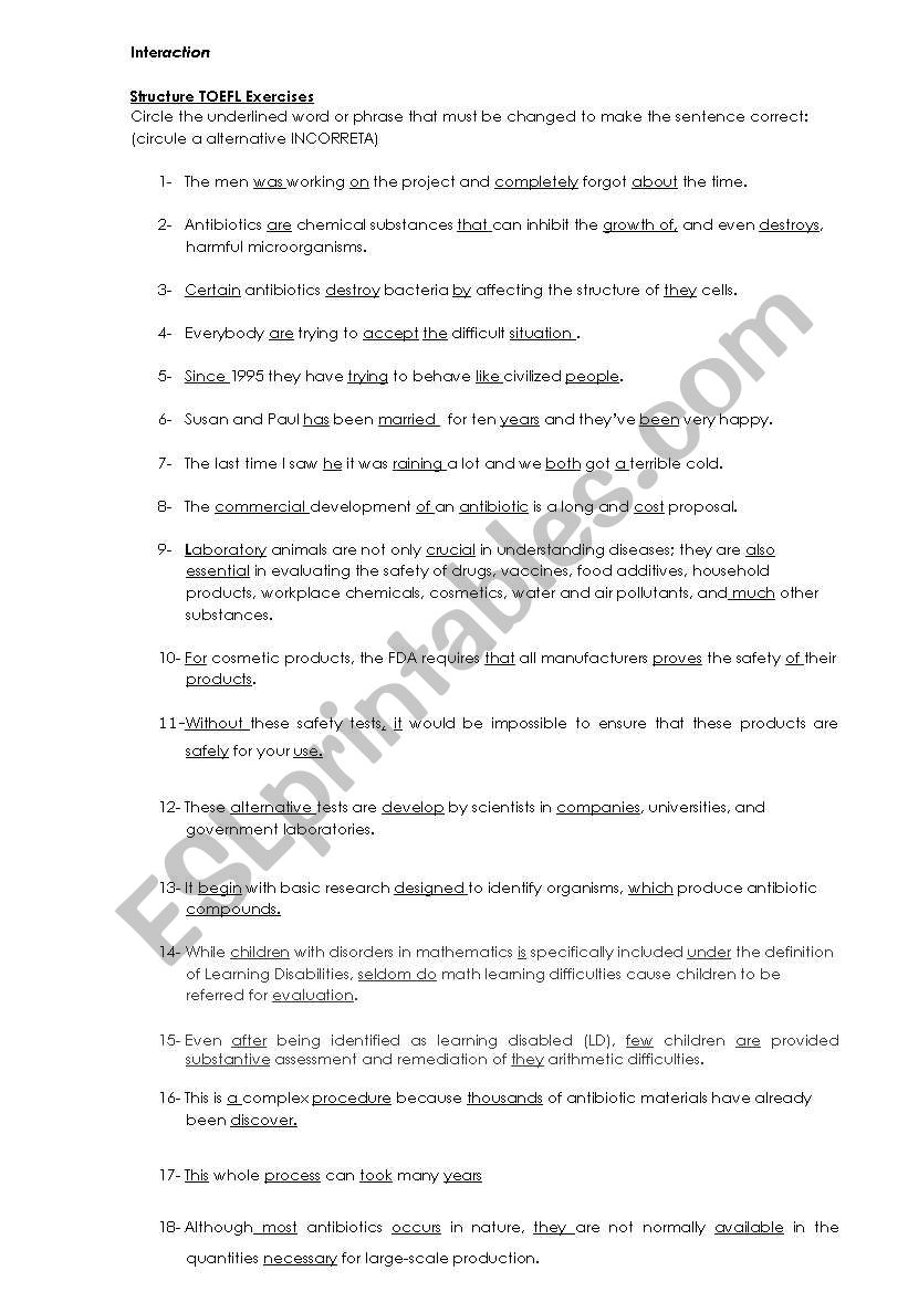 StructureToefl exercises worksheet