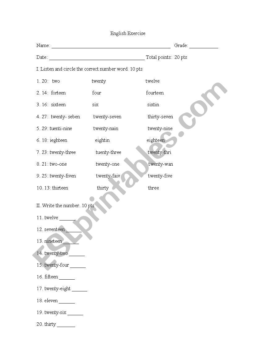 numbers from 11-30 worksheet