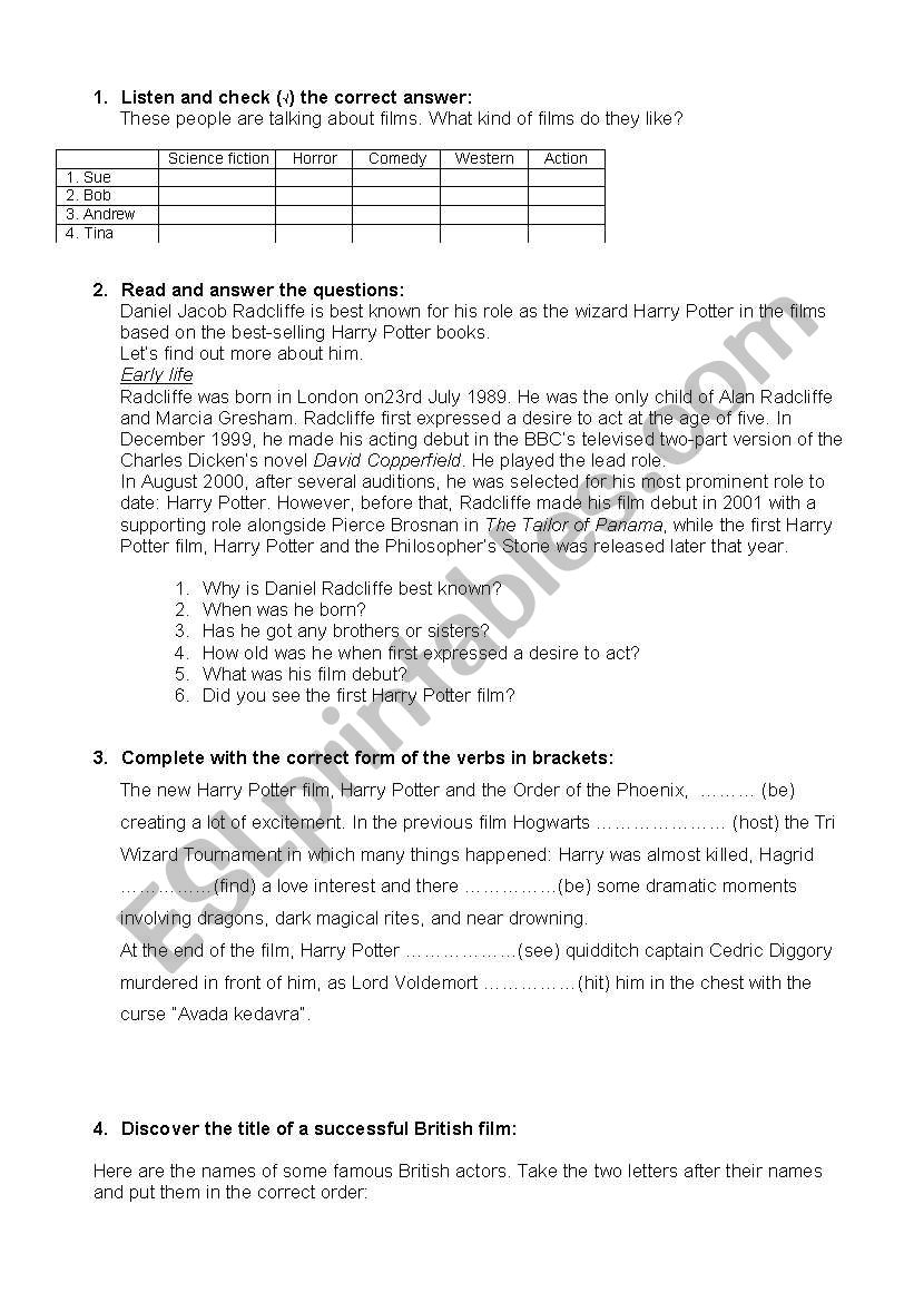 Test movies worksheet