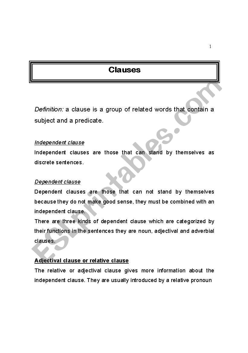 CLAUSES - GRAMMAR GUIDE worksheet