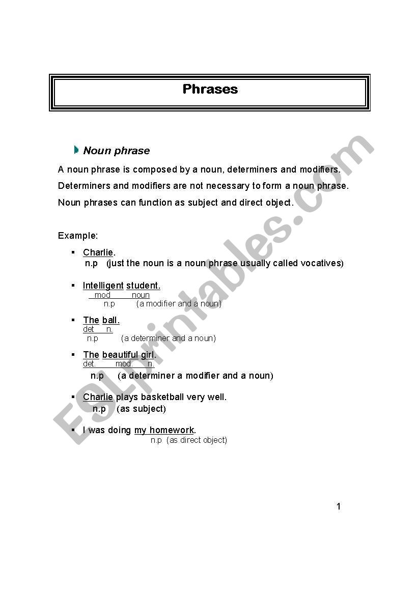 PHRASES GRAMMAR GUIDE worksheet