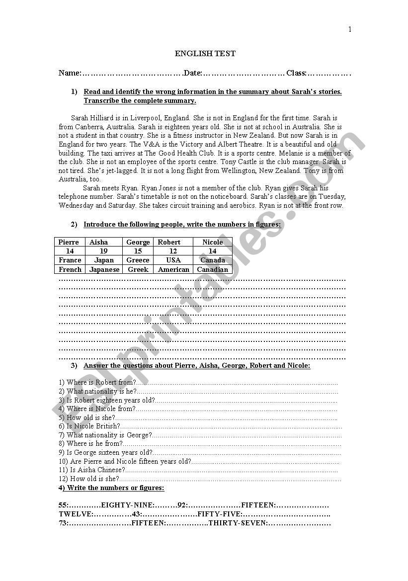 Test on Personal Information worksheet