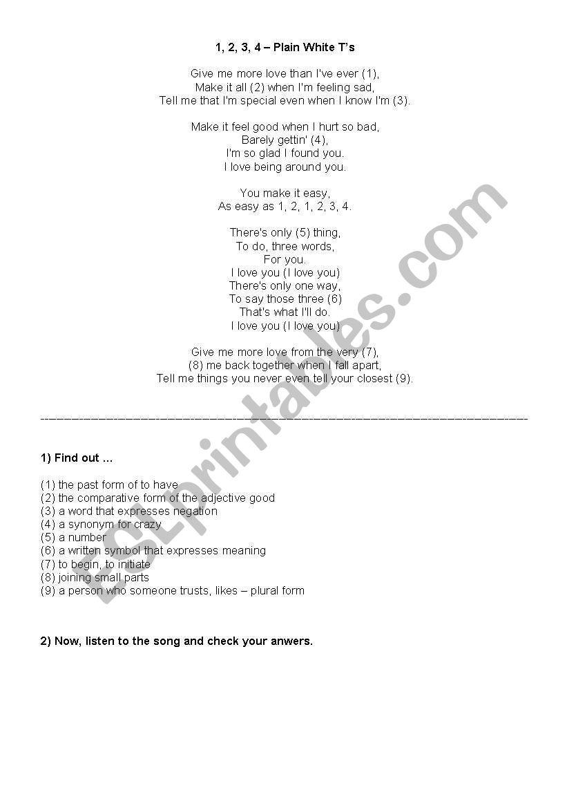 Song:1,2,3,4  worksheet