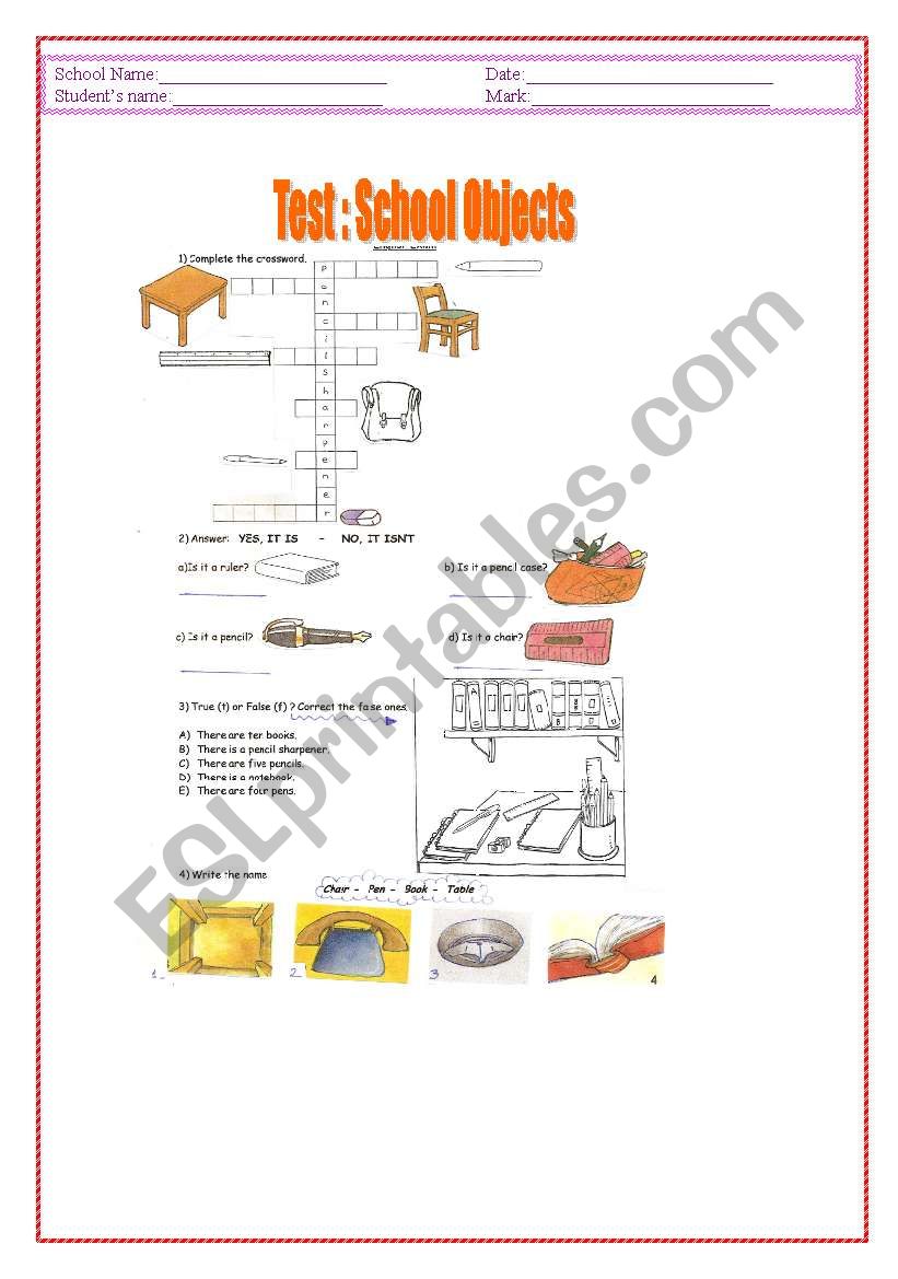 Test School Objects worksheet