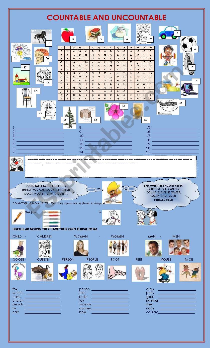 COUNTABLE AND UNCOUNTABLE worksheet