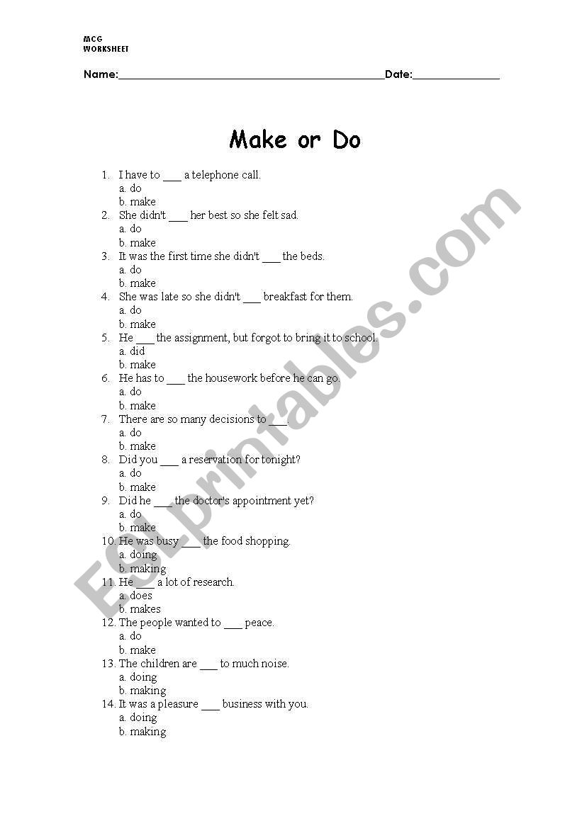 Make or Do worksheet