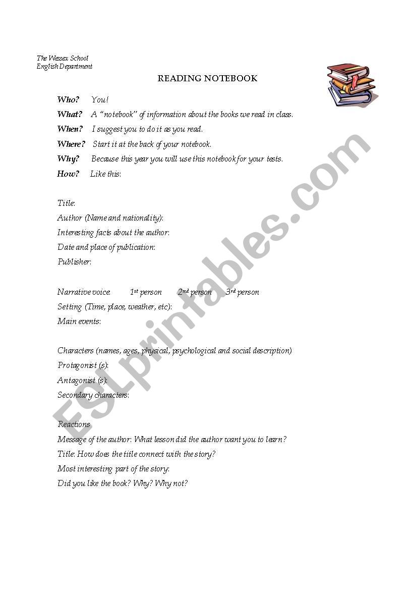 Reading Notebook worksheet