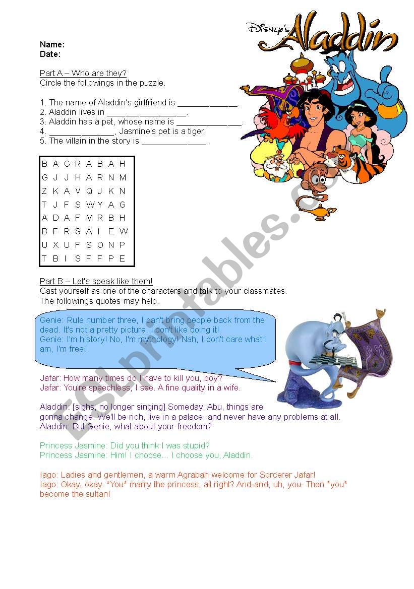 Movie or book - Aladdin - with puzzle (reading) and role-play (speaking) activities