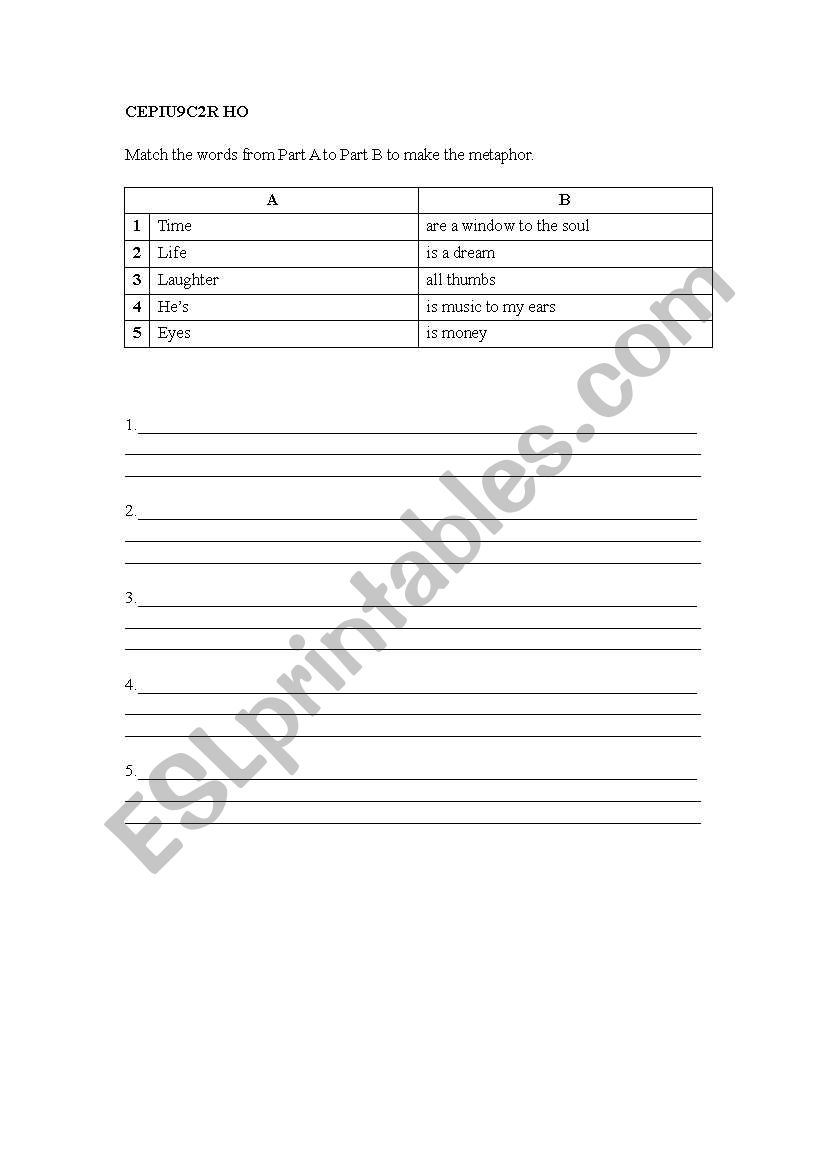 Common metaphor matching and explanation handout