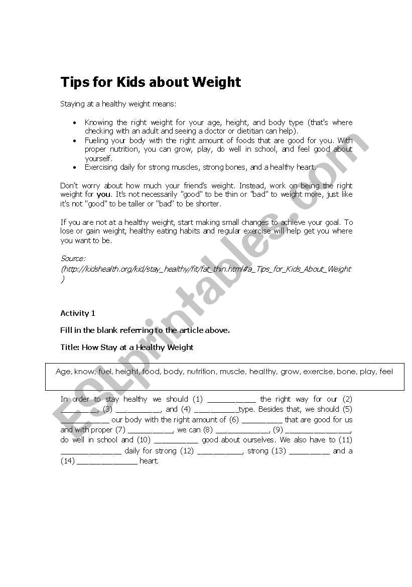 staying healthy worksheet